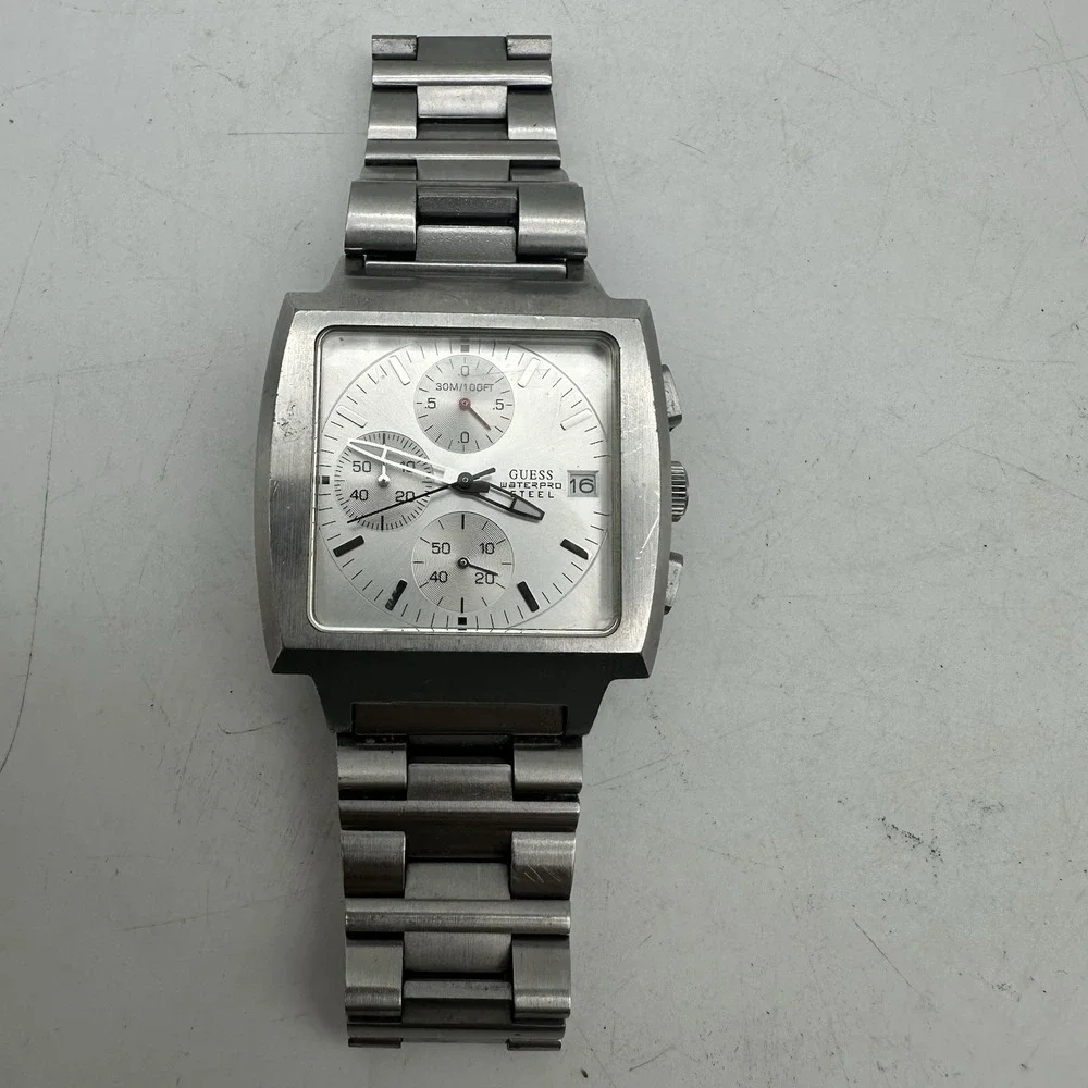 Guess Silver tone Stainless Steel Waterpro Chronograph Watch 112007 G1 3ATM